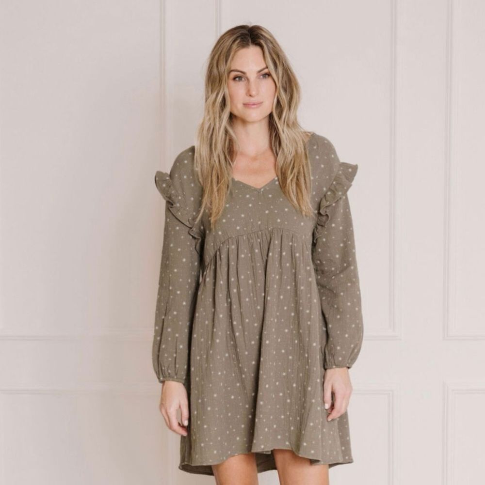 Rylee and Cru Olive Stars Velvet Tie Mini Dress S Small